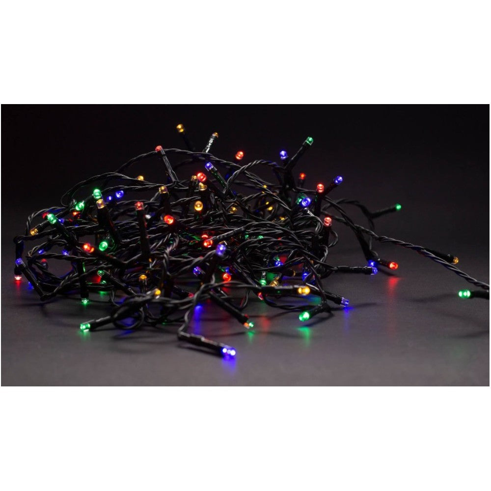 9 m. multicolor LED julelyskæde med memory funktion og IR fjernbetjening til udendørs brug (IP44) - 120 LED, 230V