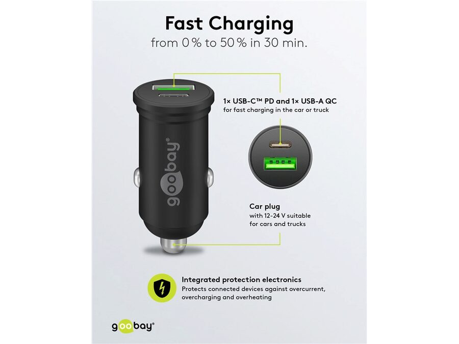 12/24V biladapter - 1 x USB-A, 1 x USB-C PD udtag, 45W