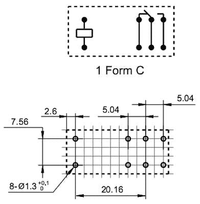 Vertikalt relæ - 12VDC 16A, 1 x skifte (SPDT), 8-ben 5mm