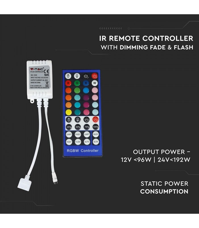 RGB+WW controller med fjernbetjening - Passer kun til RGB+WW strip, 12V, infrarød, 96W