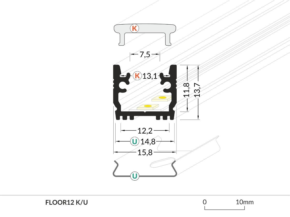 DIOFLEX Alu profil FLOOR12 K/U 1m 15,8x13,7mm