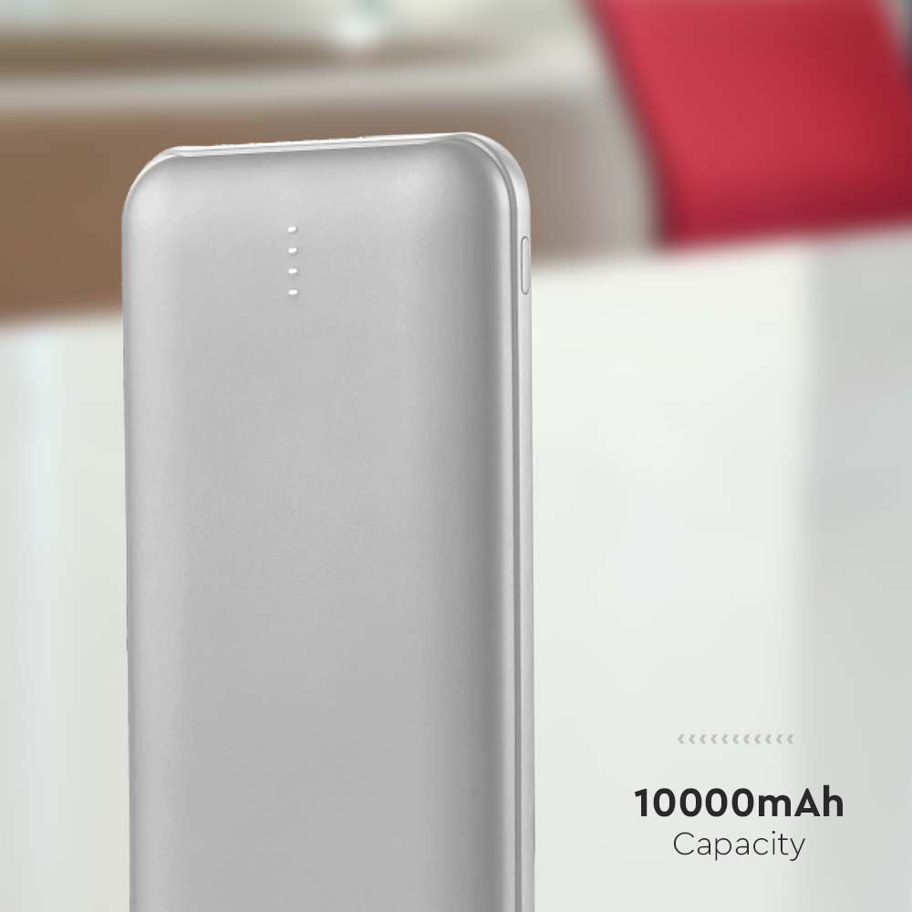 10.000mAh Powerbank med 2A output, inkl. 30 cm sølvfarvet Type C kabel