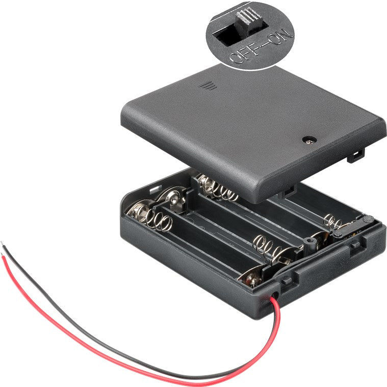 Batteriholder til 4xAA bat. m. afbryder, Sort (m. ledn.)