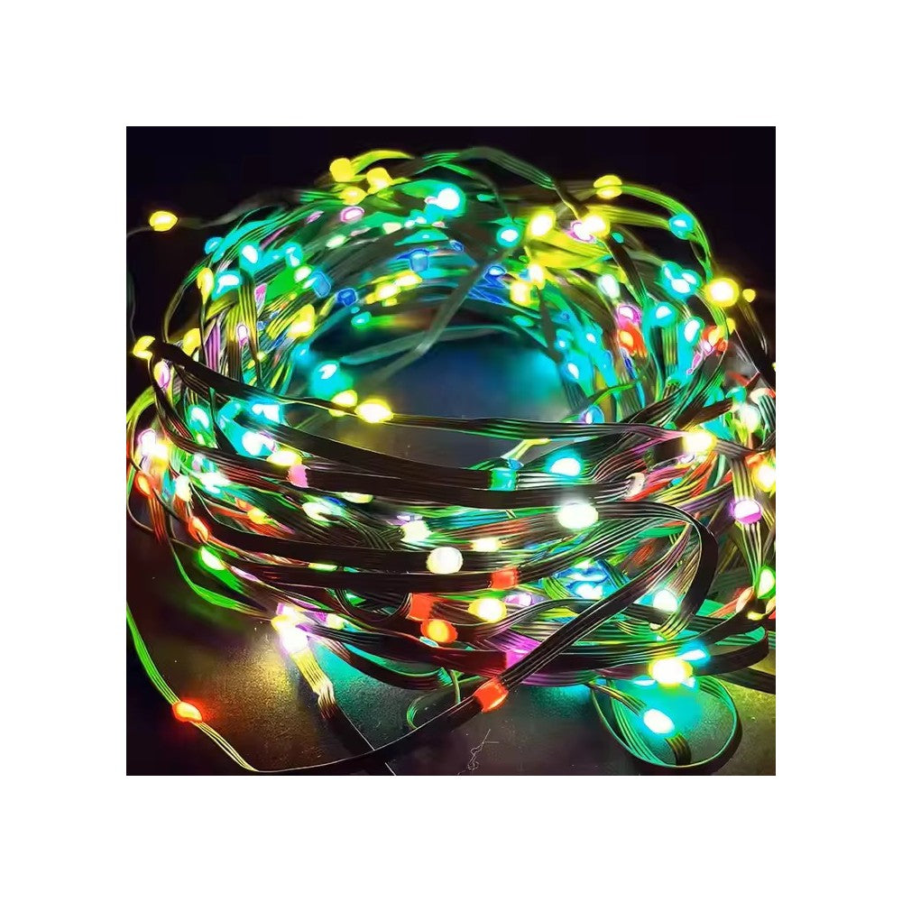 10 meter RGBIC LED lyskæde med 100 LED, grøn ledning, fjernbetjening og bluetooth - USB-opladning