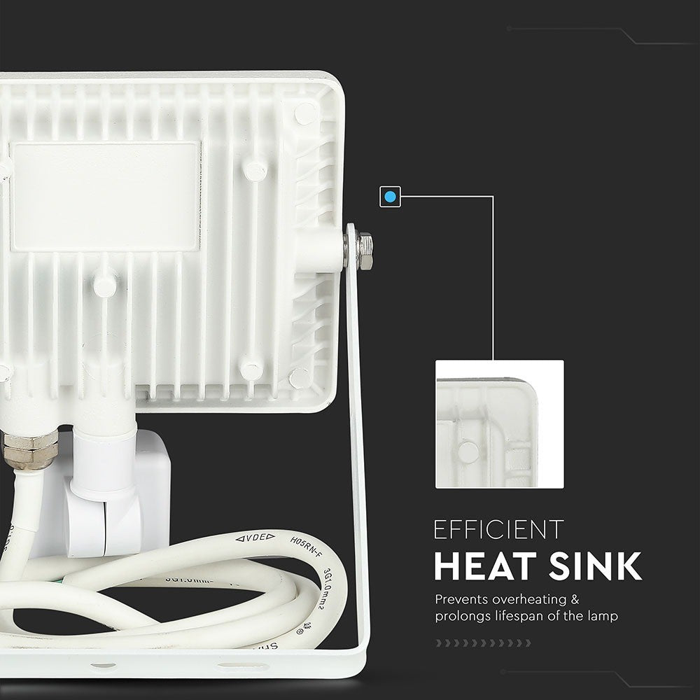 20W LED projektør med Samsung chip, PIR sensor og 3000K varm hvidt lys i hvidt hus - ideel til udendørs belysning