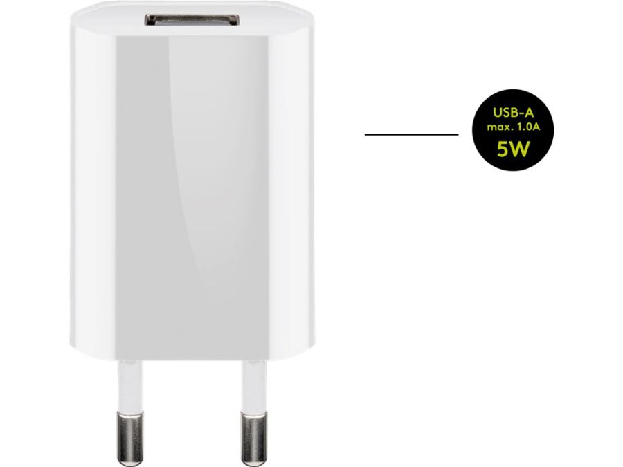 Netadapter - 100-240V til 5Vdc / 1A USB hun, Slim, Hvid