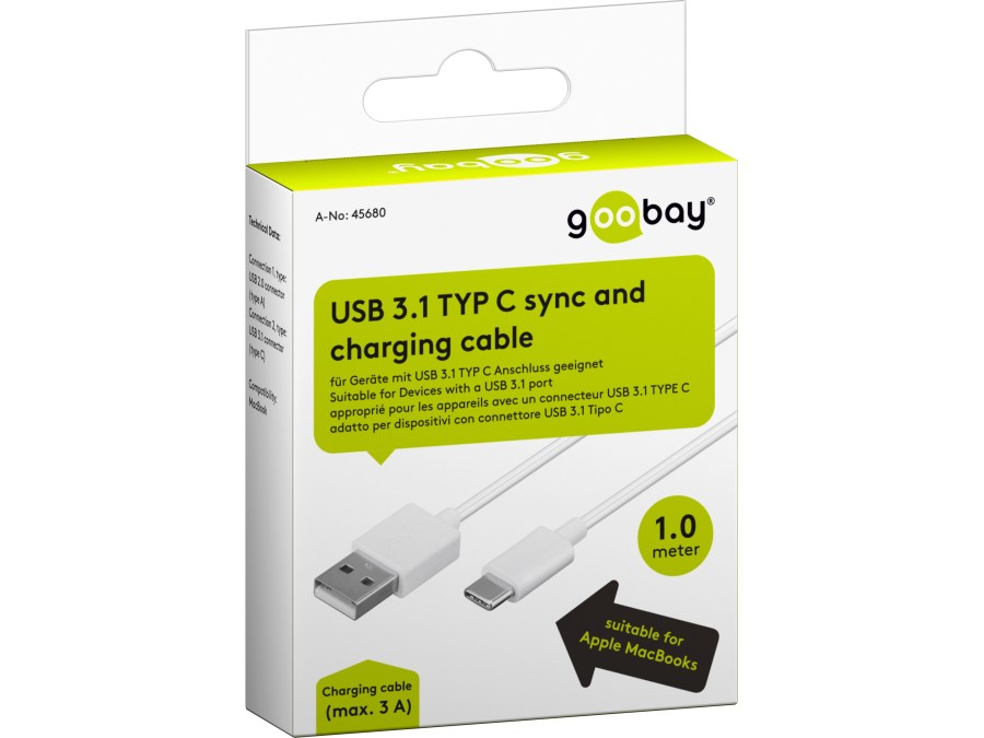 USB-A han > USB-C han (2.0) kabel, 3A, Hvid (1m)