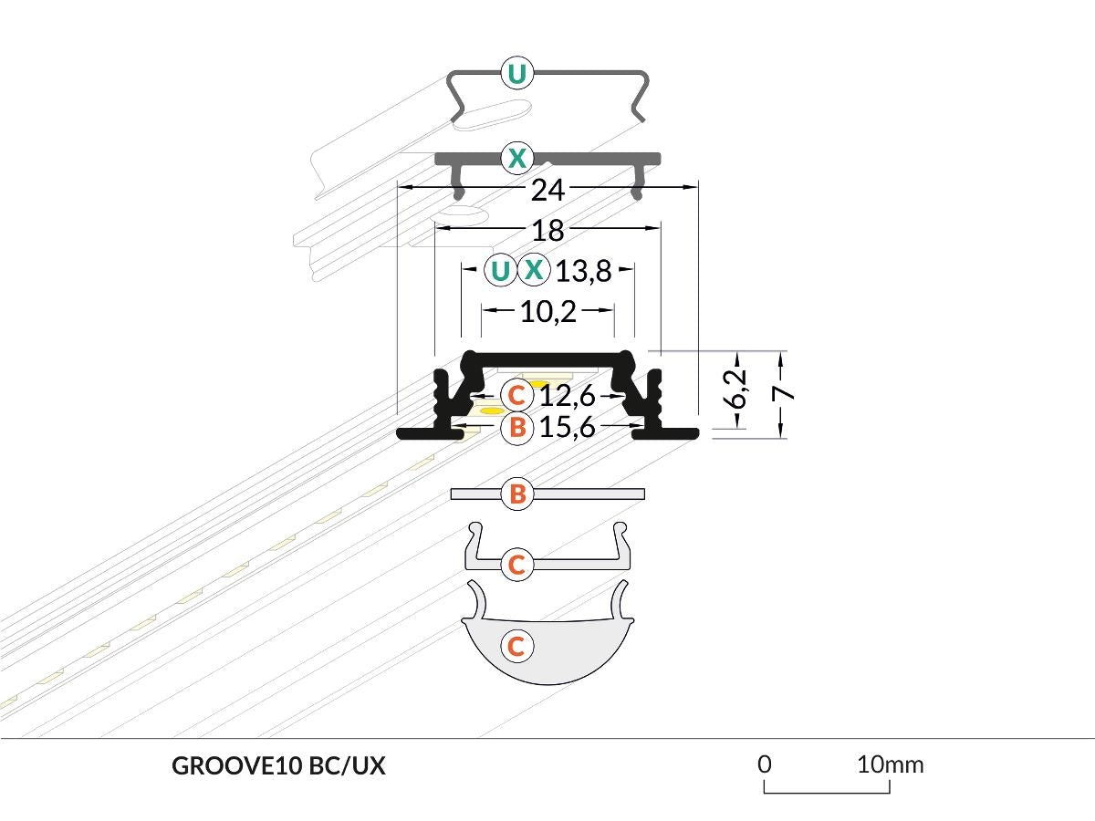 DIOFLEX Alu profil GROOVE10 BC/UX indbyg 1m24x7mm