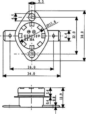 Termostat m. autoreset - NC slår fra v. 160°C, 10A