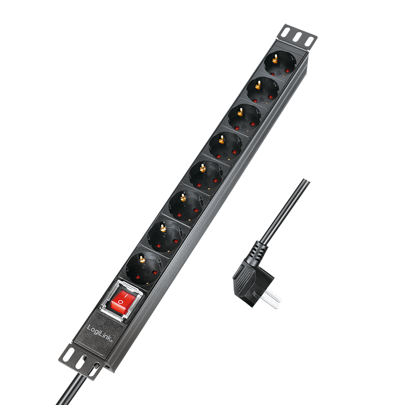 19" El-rackpanel - 8 x CEE7/3 hun, ON/OFF kontakt, Sort (2m)