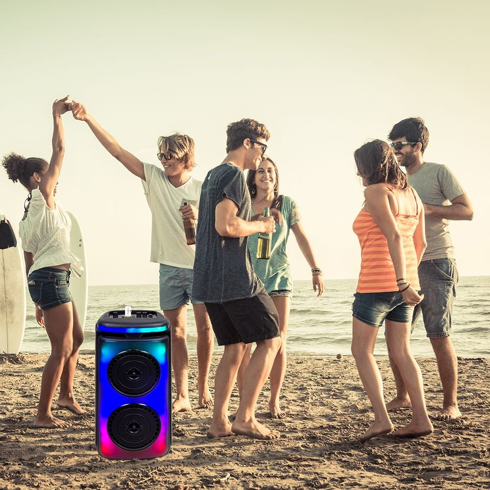 400W Genopladelig Højttaler med 1 Trådet Mikrofon, RF Kontrolhåndtag og 2x6.5 Tommer Woofer