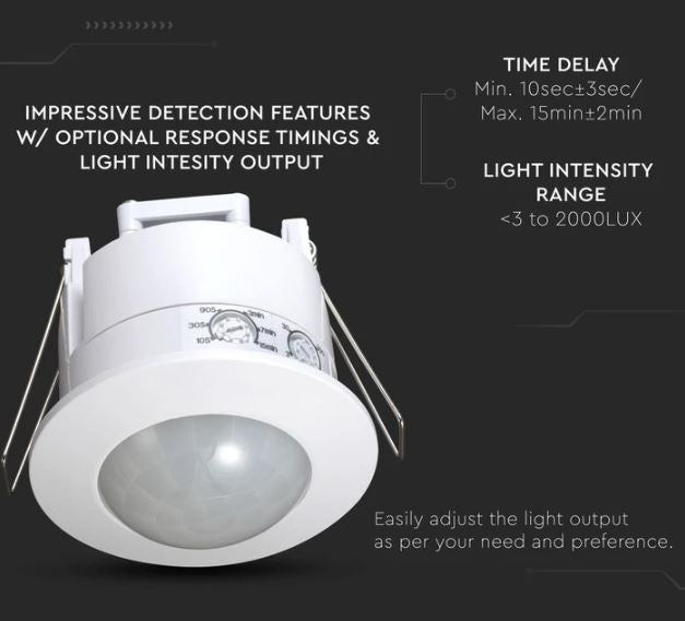 Bevægelsessensor til indbygning - LED venlig, hvid, PIR infrarød, IP20 indendørs