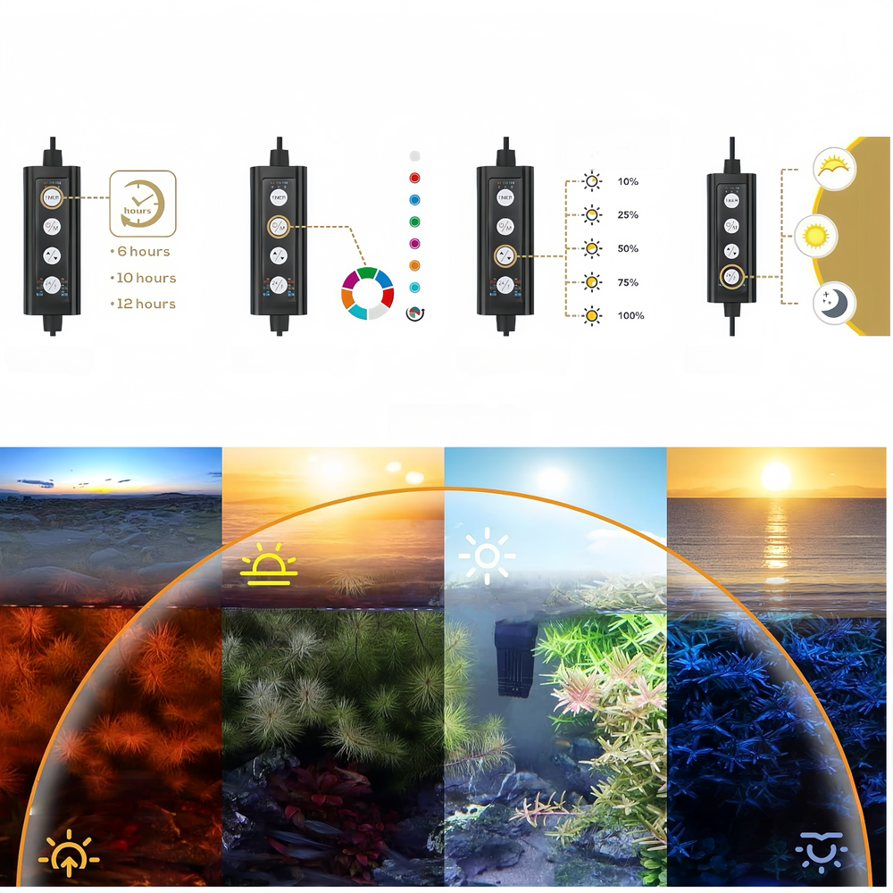 20 cm akvarie armatur med 8W LED-lys i RGB+NW og IP68 beskyttelse