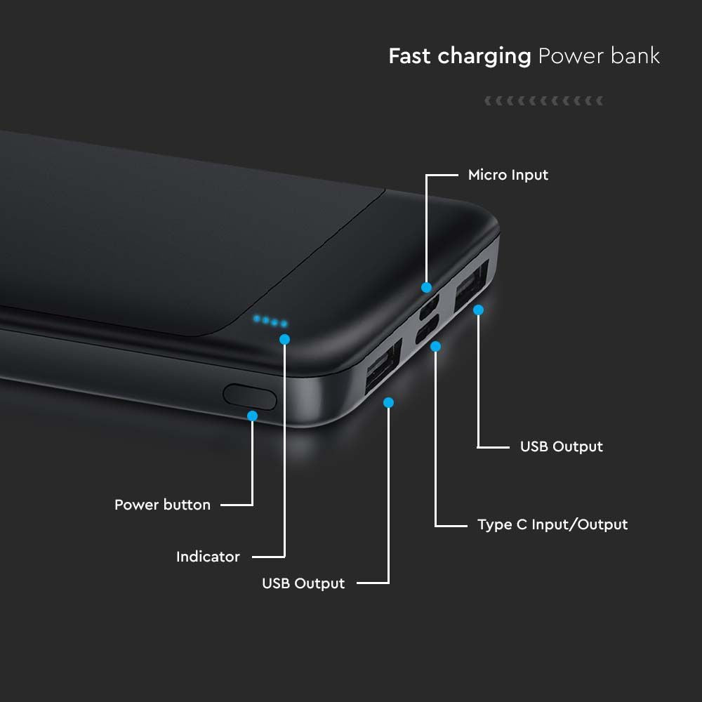 Sort 10000mAh Powerbank med Hurtigopladning - Praktisk Oplader til Undervejs