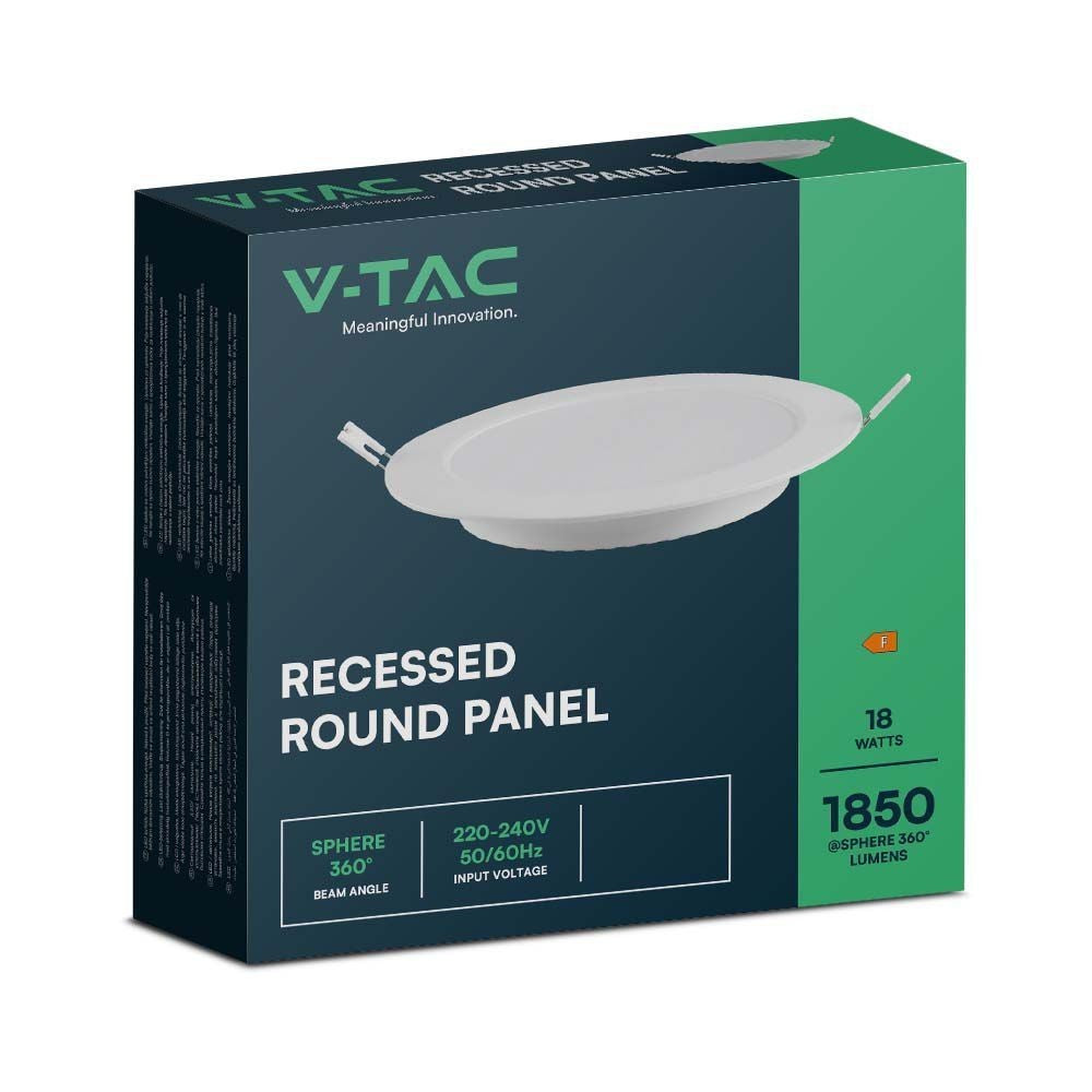 V-Tac 18W LED Indbygningspanel - Ø20,5 cm Hul, Ø22,8 cm Mål, 230V, 1850lm, RA80