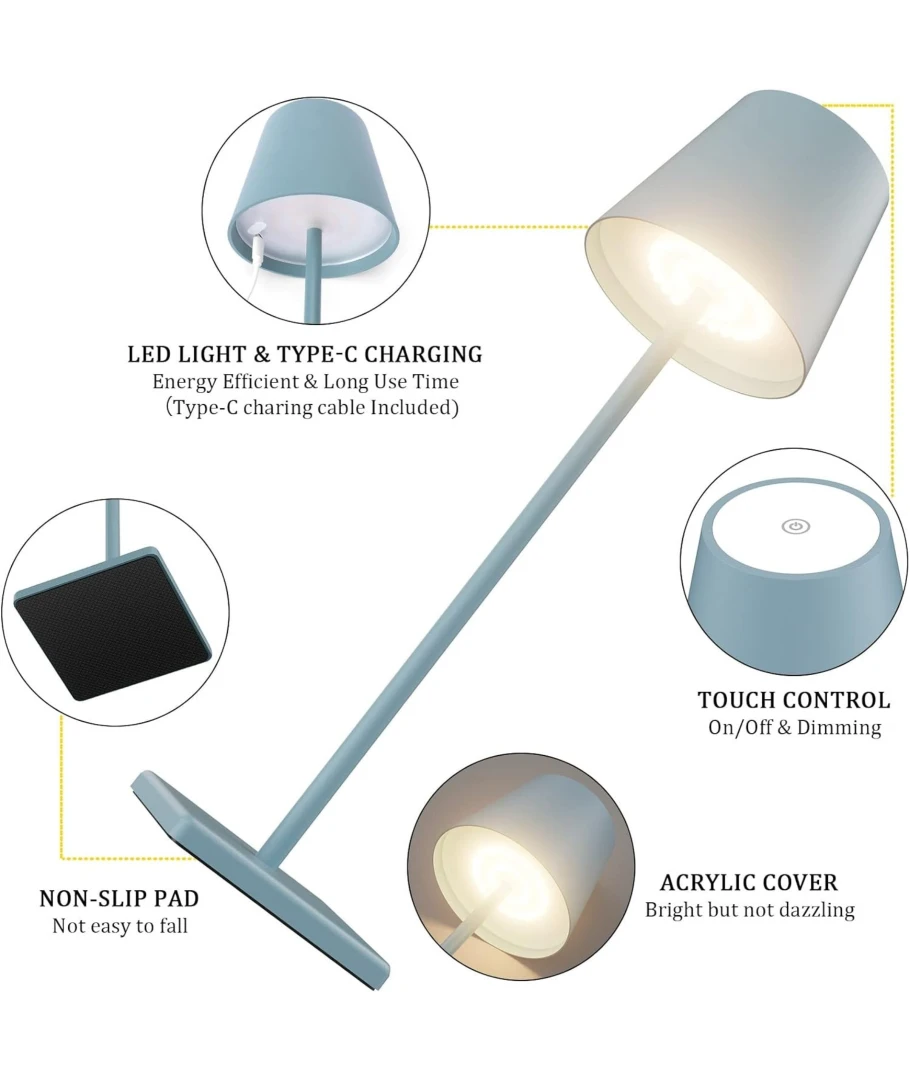 Opladelig LED bordlampe, Lyseblå, touch dæmpbar
