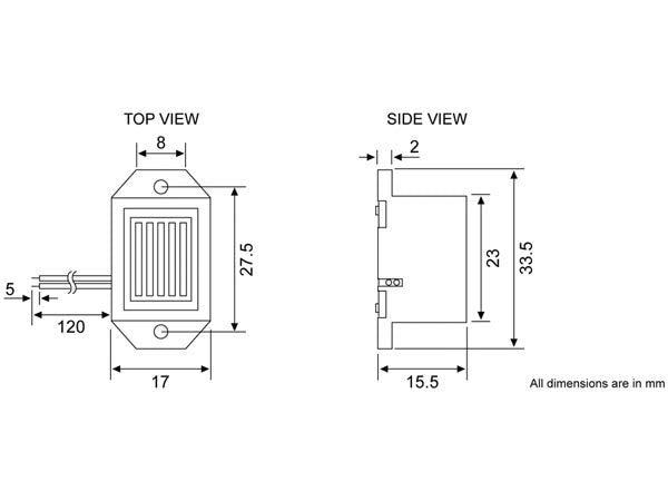 Summer - 8 til 15Vdc / 25mA, 85dB, 2 ledninger