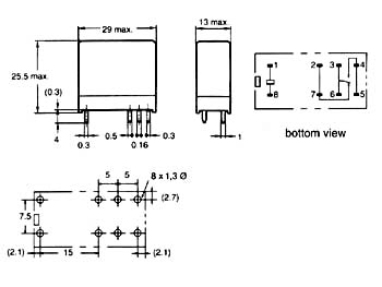 Vertikalt relæ - 12VDC 16A, 1 x skifte (SPDT), 8-ben 5mm