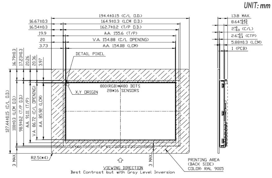 EDT 7" Touch panel - TFT LCD 800x480, Kapacitativ