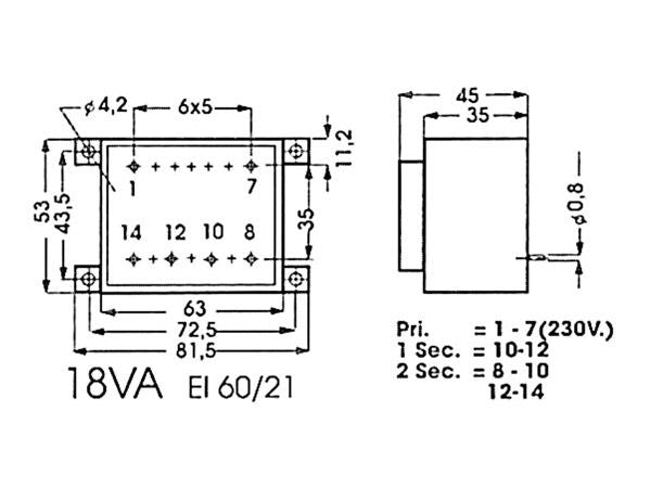 230V printtransformator - 18VA 2 x 7,5V / 2 x 1,333A