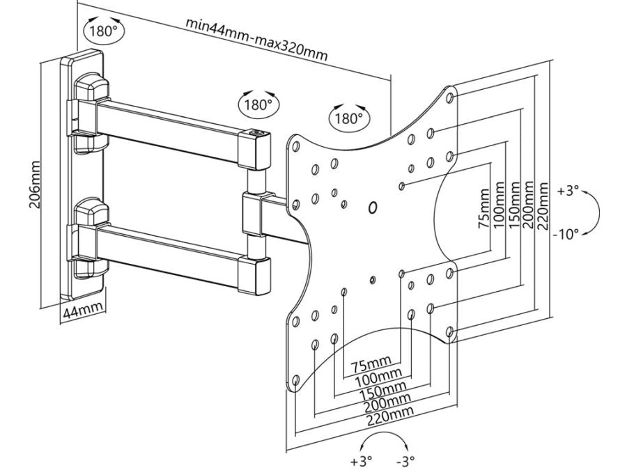 TV vægbeslag - 23-42" -10°/+3° vipbar, ±90° drejbar, armled