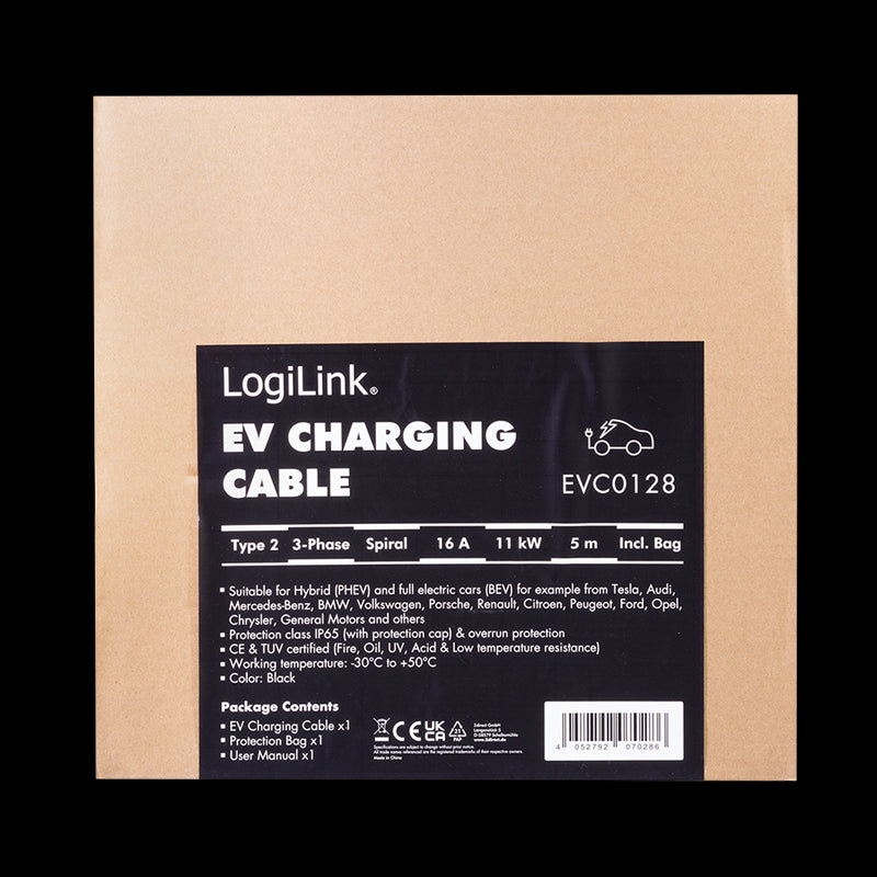 Spiral ladekabel til elbil - 11kW, 16A, 3-faset, type 2 (5m)