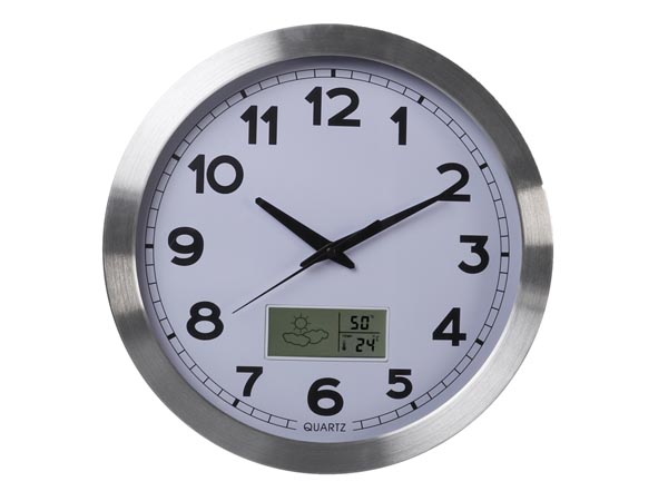 Analog vægur m. LCD display - Termo- og hygrometer, Ø35cm