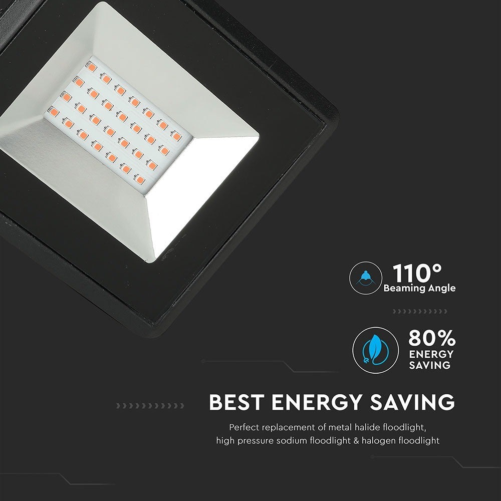 20W LED-projektør i sort hus med rødt lys - Effekt: 20W, RA70, IP65 - Vejr- og støvtæt design til udendørs brug