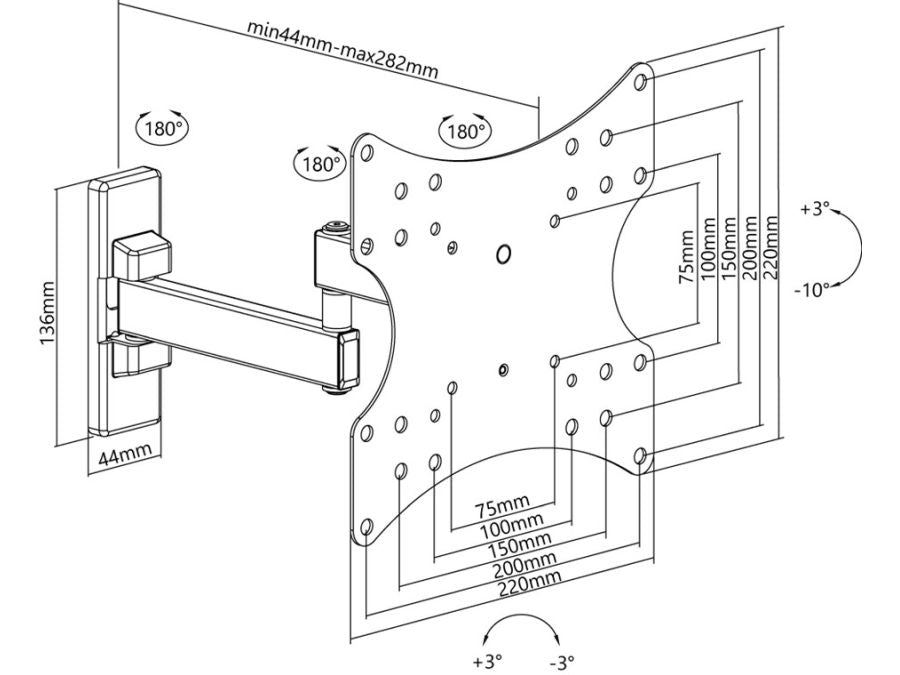 TV vægbeslag - 23-42" -10°/+3° vipbar, ±90° drejbar, armled