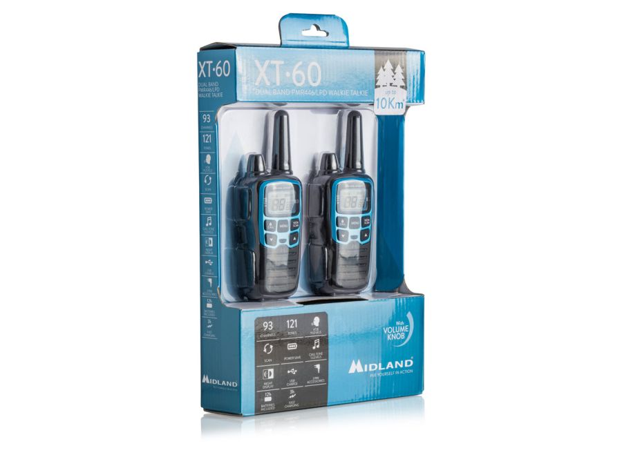 XT60 PMR446 radio m. Bordlader +Bat.+USB kab.+Clip (2 pak)