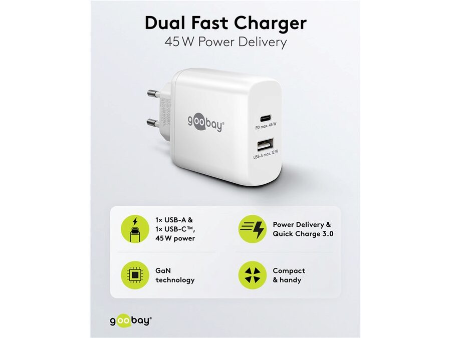USB-C/A lynlader PD GaN (C45W) + (A12W), Hvid