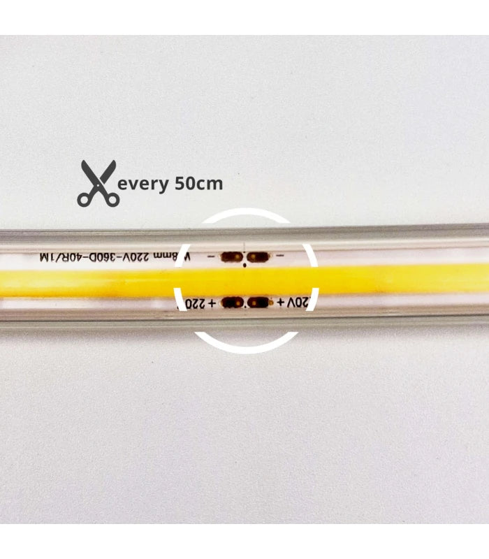 5 m. vandtæt COB strip - 230V, IP67, 360 LED, 10W