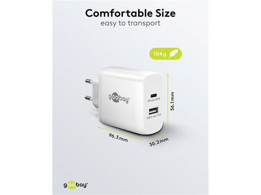 USB-C/A lynlader PD GaN (C45W) + (A12W), Hvid