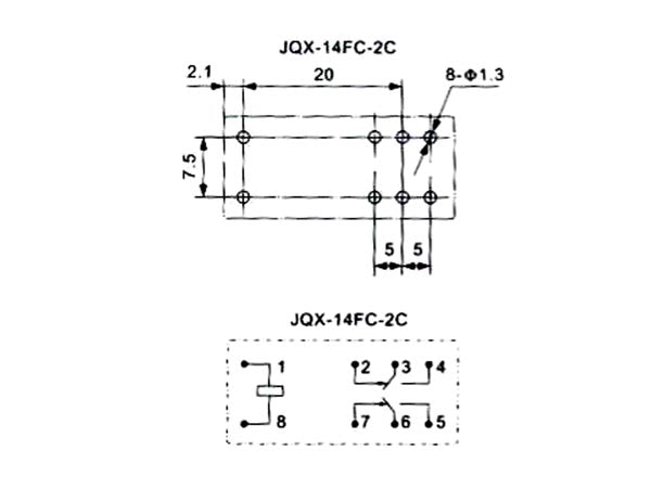 Vertikalt relæ - 6VDC / 5A, 2 x skifte (DPDT), 8-ben 5mm