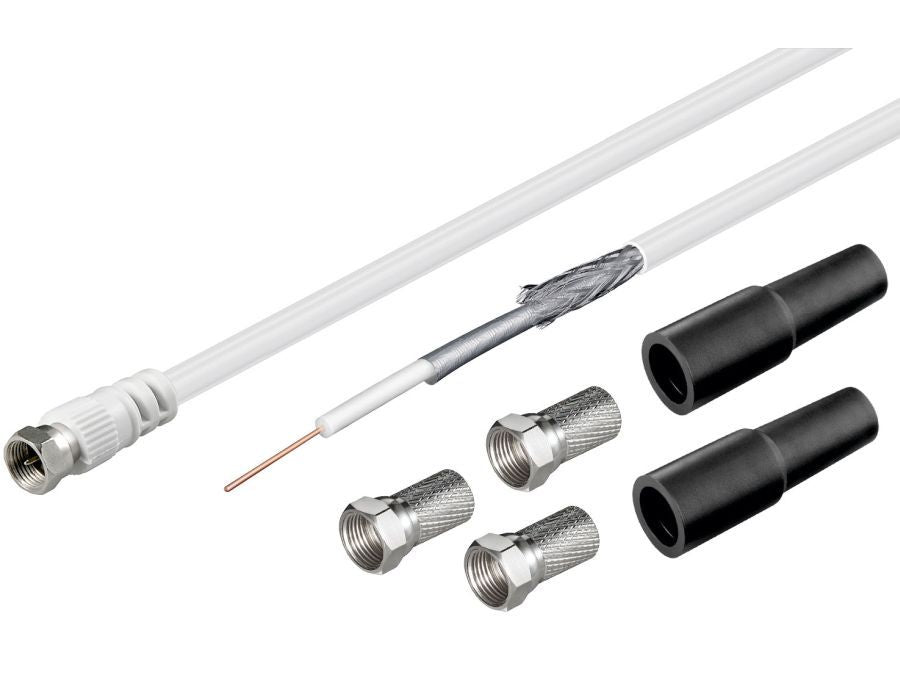 COAX kabelsæt - RG59, 2x skærm, 3x F stik ind/ud, Hvid (30m)