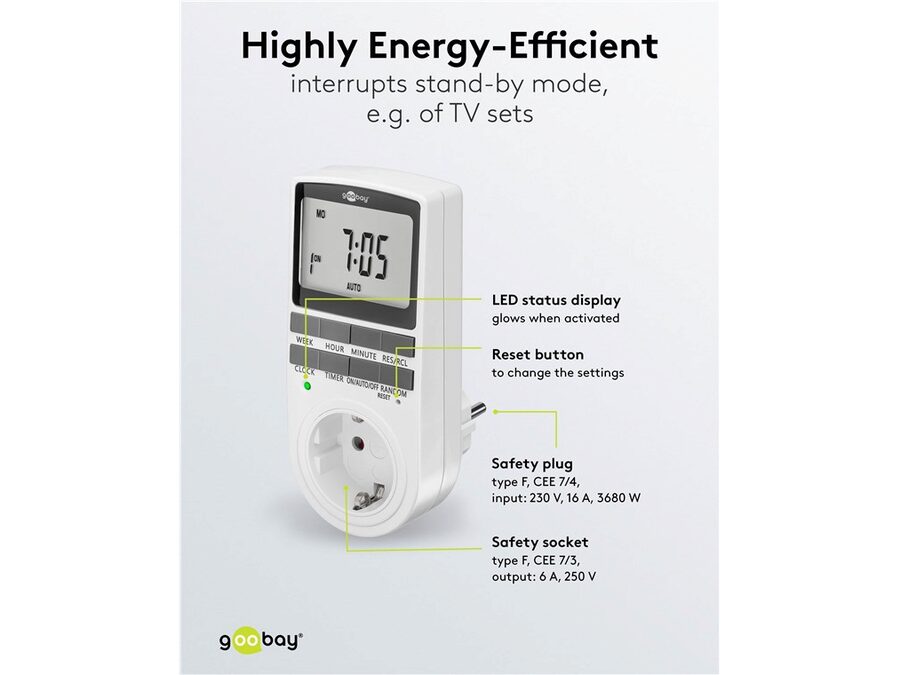 Digital Timer - Programmerbar, CEE7/4 udtag, Hvid