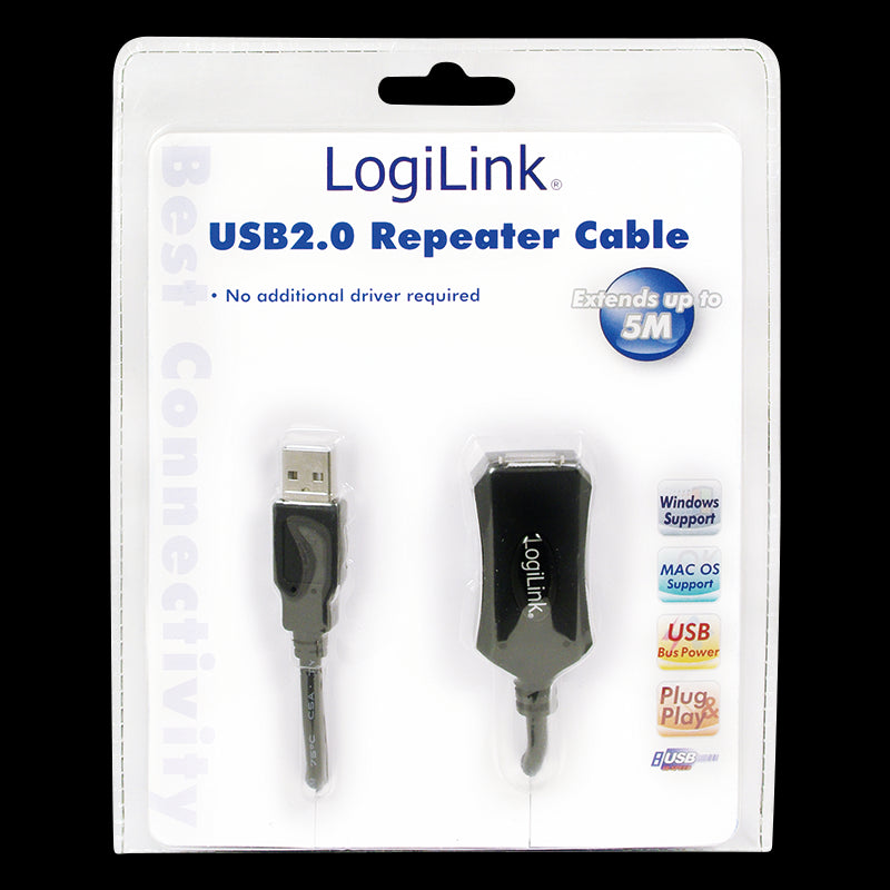 USB 2.0 forlænger repeaterkabel - A han til A hun, Sort (5m)