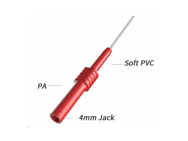 Testprobesæt, flex, lang nål - Rød/sort, 4mm banan (4 dele)