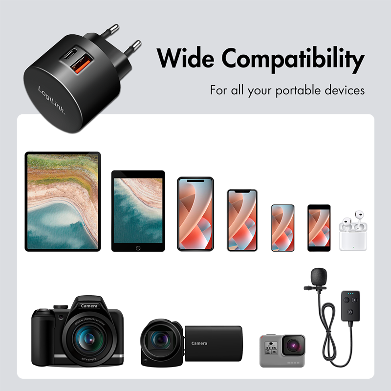 USB netadapter - 1xUSB-A QC (3A), 1xUSB-C PD (20W), Sort