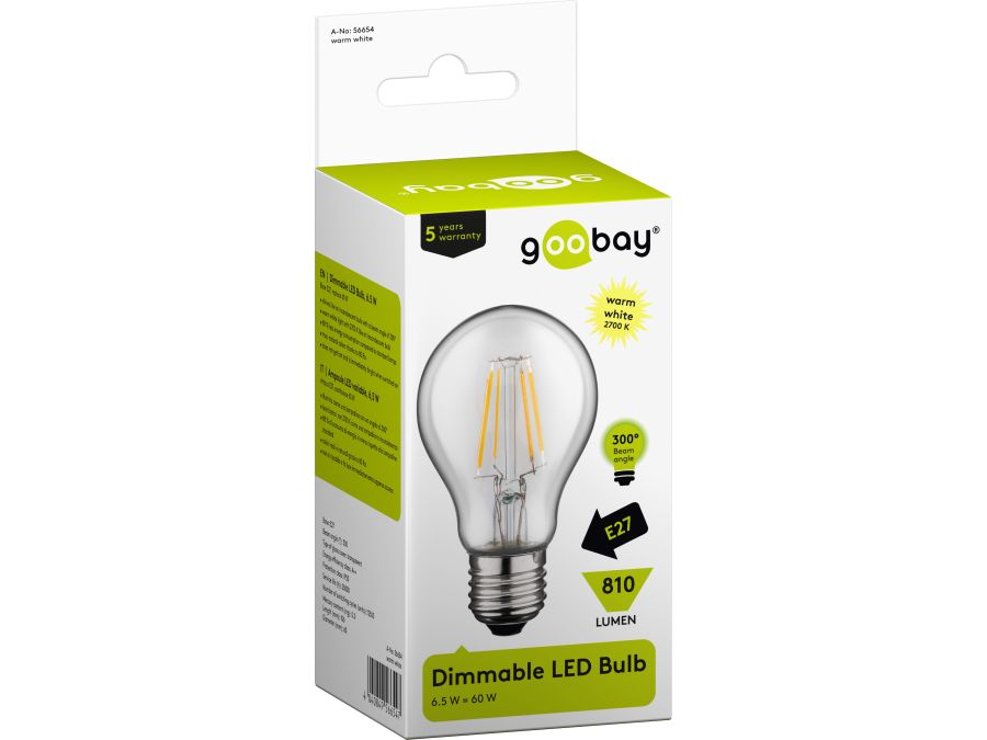 Filament LED std.pære - 230V / 6,5W, E27, Dæmpbar (2700K)