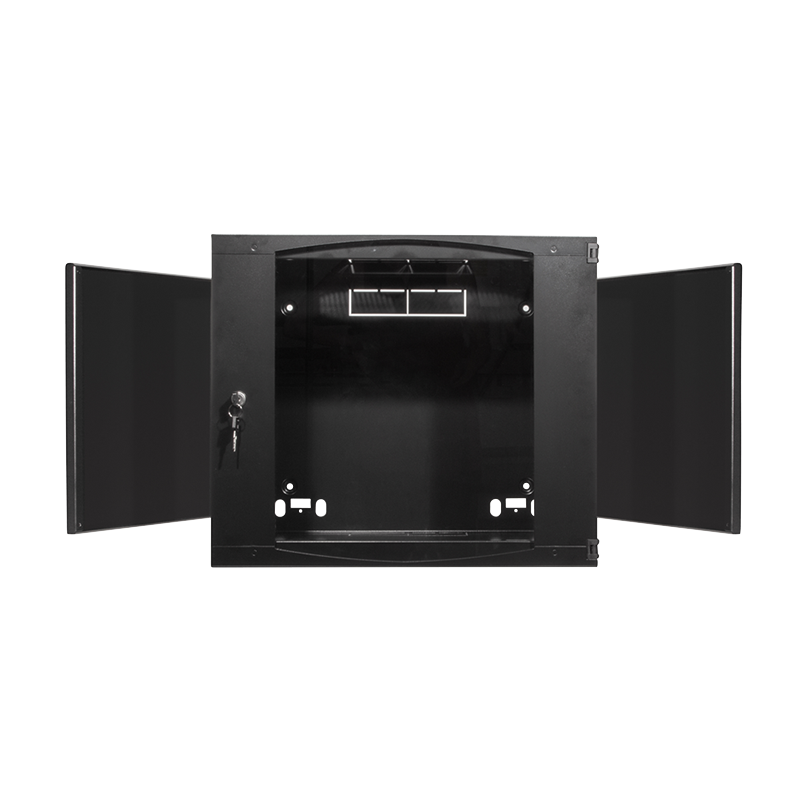 19" væg-rackskab - 9U, 450mm dyb, m. glaslåge, Sort