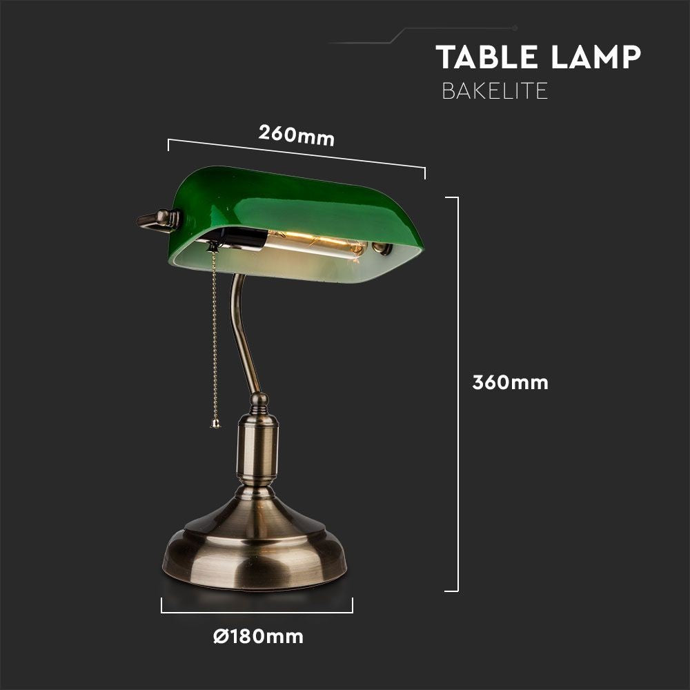 V-Tac Klassisk skrivebordslampe - Grønt glas, 1,5 meter ledning, E27 fatning, uden lyskilde