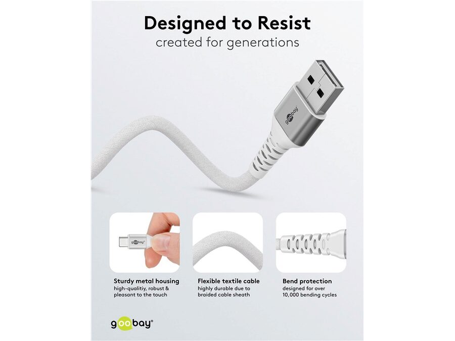 USB-A til USB-C Supersoft PD Tekstilkabel, 3A, Hvid (1m)