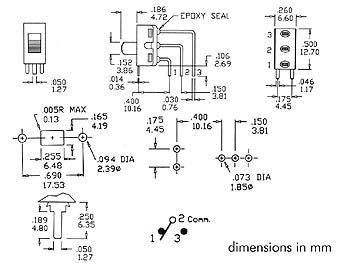 Miniature skydekontakt - 1P ON-OFF-ON, 90° printben