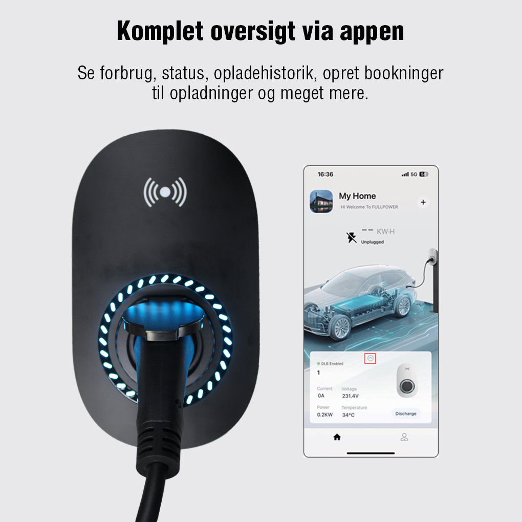Fullwatt Wallbox EV Lader - 11kW Type 2, WiFi/BT, Sort