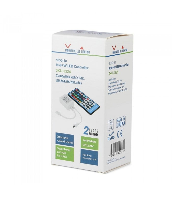 RGB+WW controller med fjernbetjening - Passer kun  til RGB+WW strip, 12V, infrarød, 96W