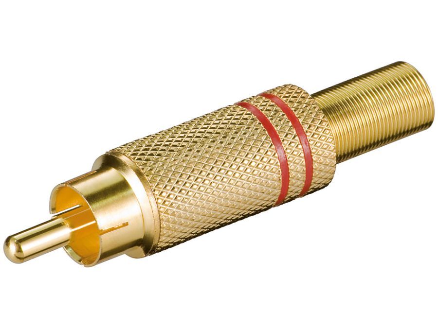 RCA(Phono) han - Forgyldt m. fjederaflastning, Rød (Ø5,4mm)