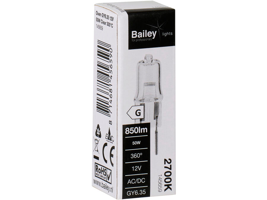 GY6.35 halogenstiftpære - 12V 50W, 300°C ovn (1000h)