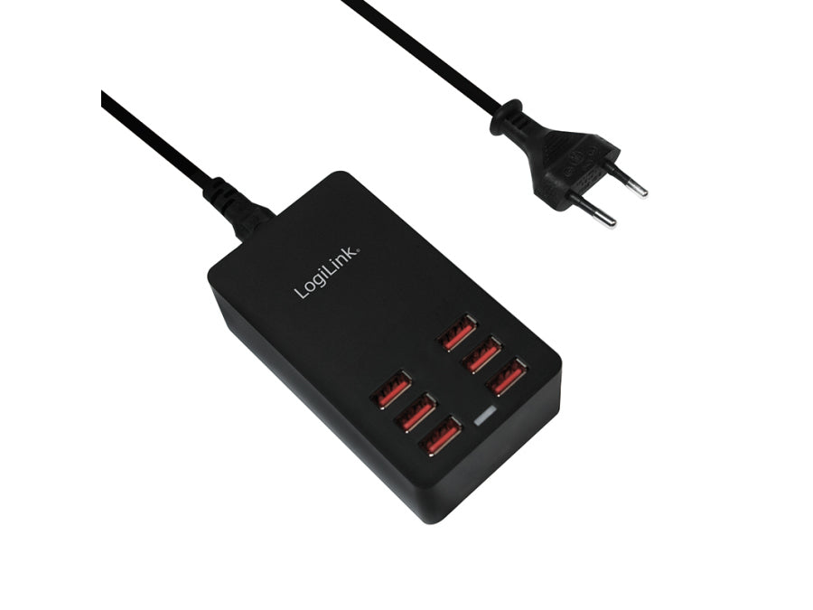 USB ladestation - 6 x 5V/2,4A (maks. 6,4A), Sort