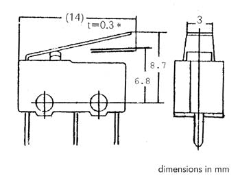 Mikroswitch m. kort arm - 3A/250V, ON-(ON) SPDT, printben